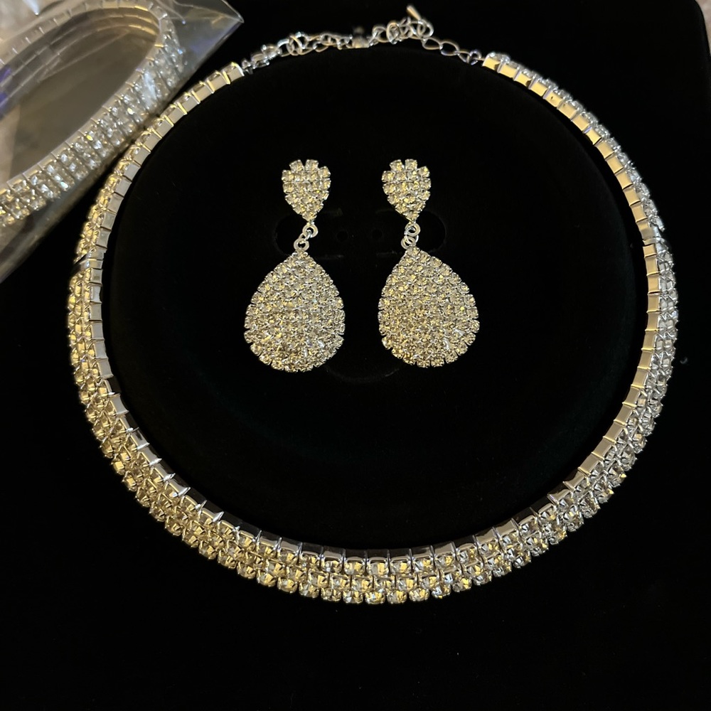 Rhinestone three piece. Choker necklace with teardrop earrings/ bracelet